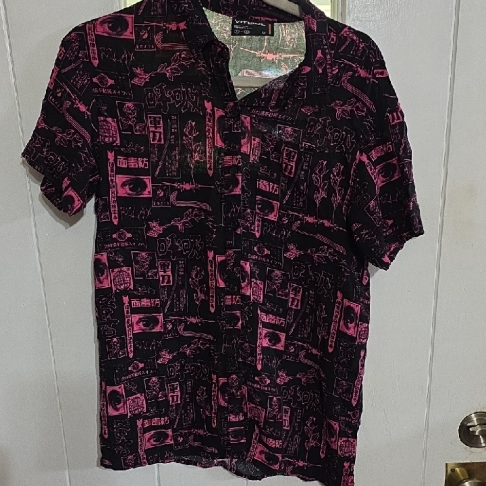 Vitriol Men's? Shirt Black Pink Asian Graphics‎ Buttons Sz S EUC